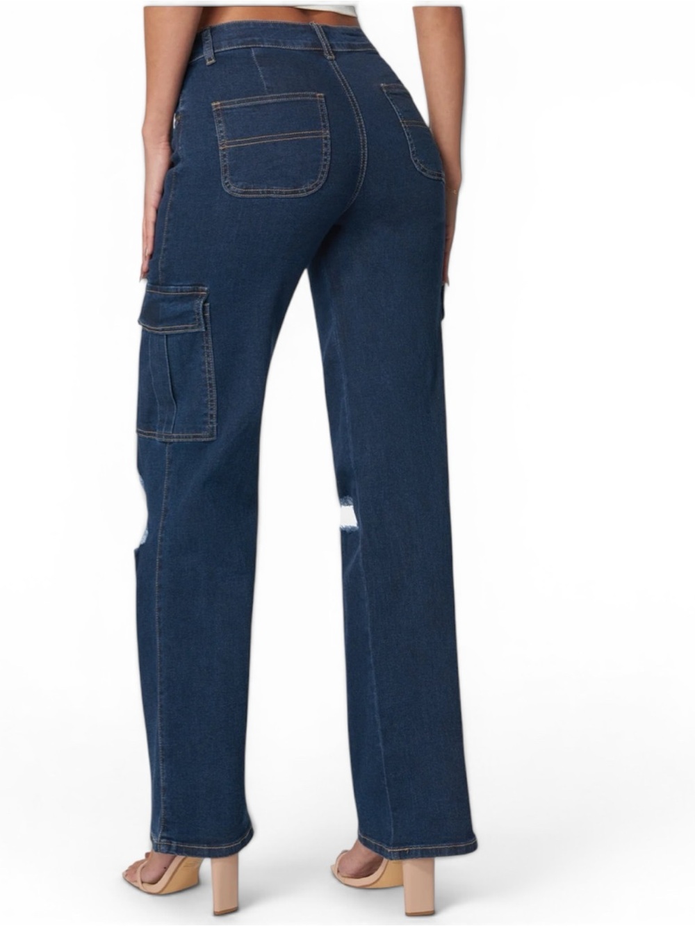 Bebe Dark Blue Cargo Distressed Wide Leg Jeans - Size 10/30 - Picture 3 of 9